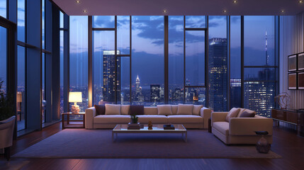 A expansive living room in a suite with floor-to-ceiling windows offering a cityscape view, plush seating