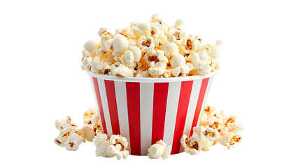 Popcorn in red and white paper bucket isolated on transparent background.