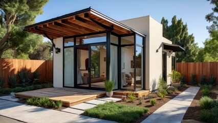 Fototapeta premium Modern House With Wooden Deck And Patio.