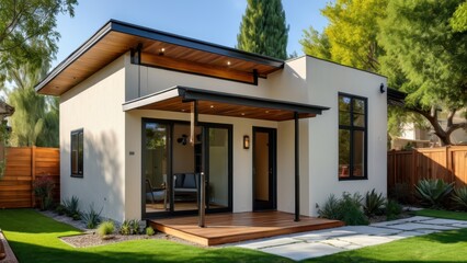 Fototapeta premium Modern Home Exterior with Wooden Deck.