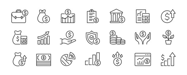 Investment line icons set. money income, finance capital, profit, risk management, economy. Vector