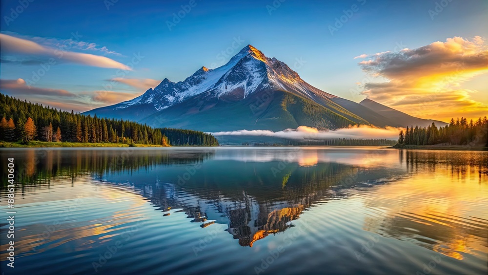 Poster Majestic mountain rises from tranquil waters, creating stunning scenery, mountain, water, landscape, nature, majestic