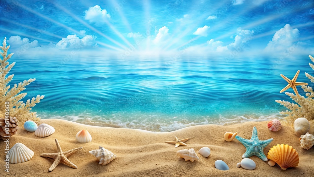 Canvas Prints Blue marine stage background with sea and beach props, ocean, beach, sand, seashells, waves, driftwood, starfish