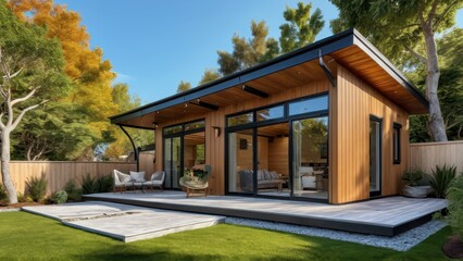Modern Wooden Cabin with Deck and Patio Furniture.