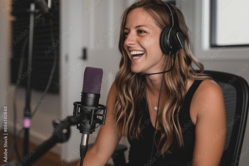 Wall mural A female digital marketer recording a podcast episode, immersed in content creation and digital media, highlighting women's leadership in marketing and the dynamic world of podcasting.