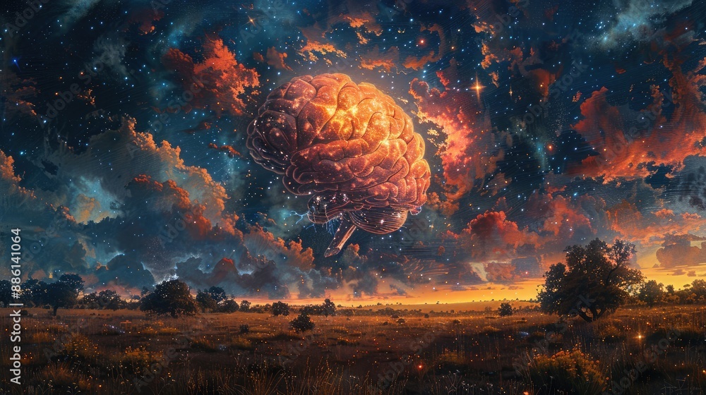 Poster conceptual art of a human brain immersed in a tranquil night sky, showing neurotransmitter interacti