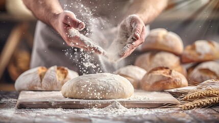 Obraz premium Baker dusting flour over fresh dough, rustic kitchen setting, sunlight warmth, action shot