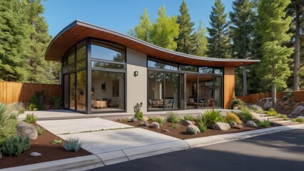 Fototapeta premium Modern House with Curved Roof and Large Windows.