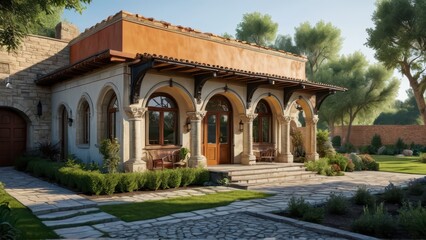 Obraz premium Tuscan Style Villa with Stone Arches and Patio.