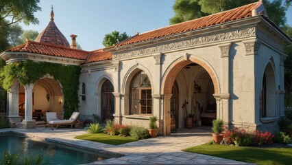 Obraz premium Luxury Villa with Swimming Pool and Arched Entrance.