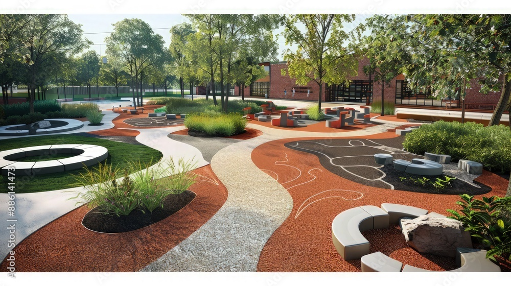 Poster an outdoor classroom with paths made of different textures to help visually impaired students naviga