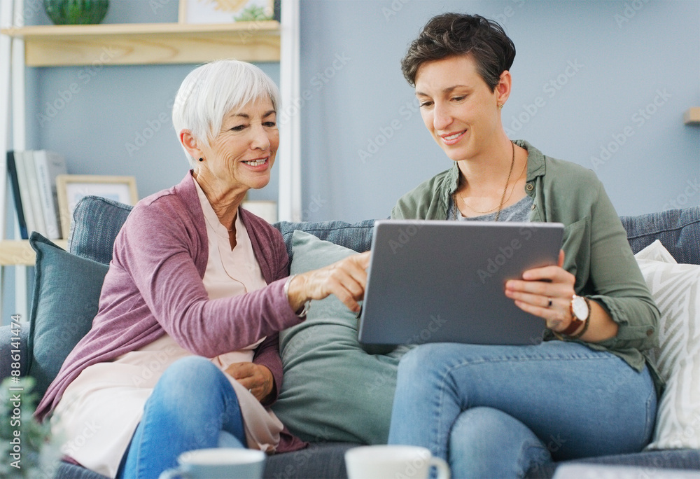 Sticker Senior mom, daughter and tablet on sofa for streaming movies, bonding and digital photo album for happy memory in home. Tech, woman and elderly mother with online subscription, love and watching film