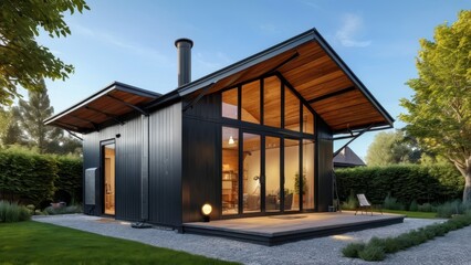 Modern Black Cabin with Large Windows and Wooden Deck.