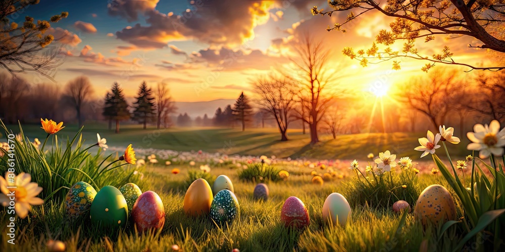 Sticker Easter wallpaper featuring a picturesque spring landscape bathed in the warm hues of a sunset , Easter, wallpaper, spring