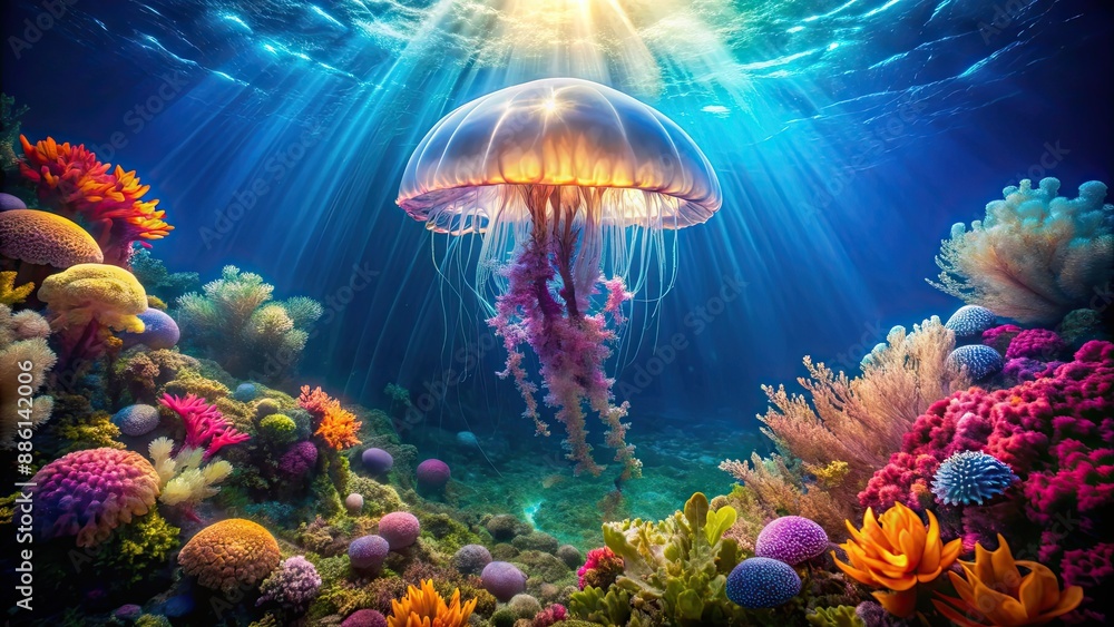 Wall mural ethereal jellyfish in underwater scene surrounded by vibrant marine plants and deep blue ocean hues,