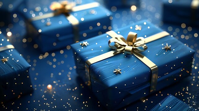 Ultra HD image of blue wrapped gifts with elegant golden ribbons, on a midnight blue background with glowing white stars, classic style