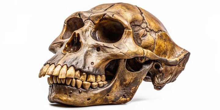 Fossil skull of Paranthropus robustus with robust jaw and large teeth, hominid, southern Africa, ancient
