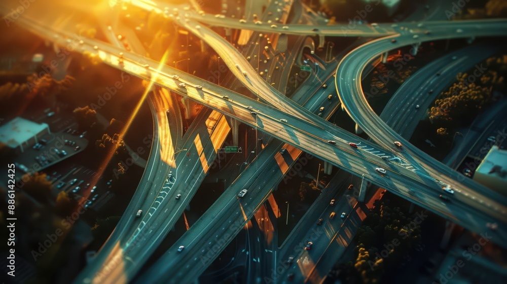 Poster capture an aerial view of a highway interchange with a lens flare effect, adding a dynamic and livel