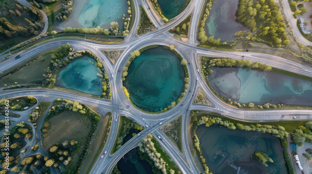 Poster capture an aerial view of a highway intersection with a serene lake nearby, providing a contrasting 