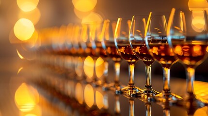 Series of elegant wine glasses with amber wine, bar counter, warm ambient lighting, upscale lounge