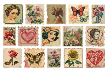 Postage stamp png element set, transparent background