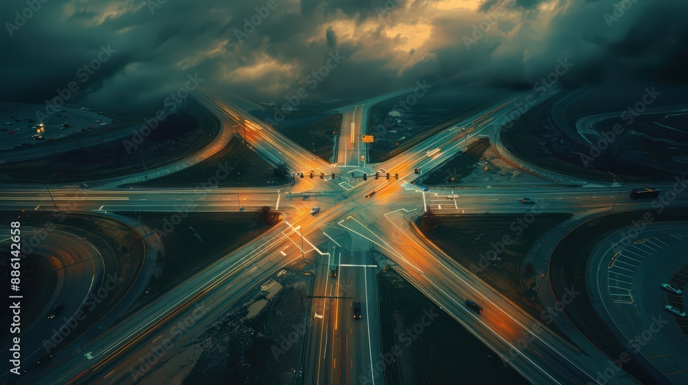 Poster capture an aerial view of a highway intersection with a dramatic, stormy sky, adding a sense of powe