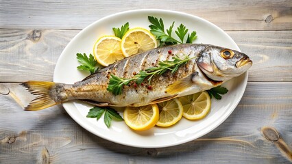 Freshly grilled fish garnished with slices of lemon and aromatic herbs on a white plate, grilled, fish, lemon, herbs, seafood