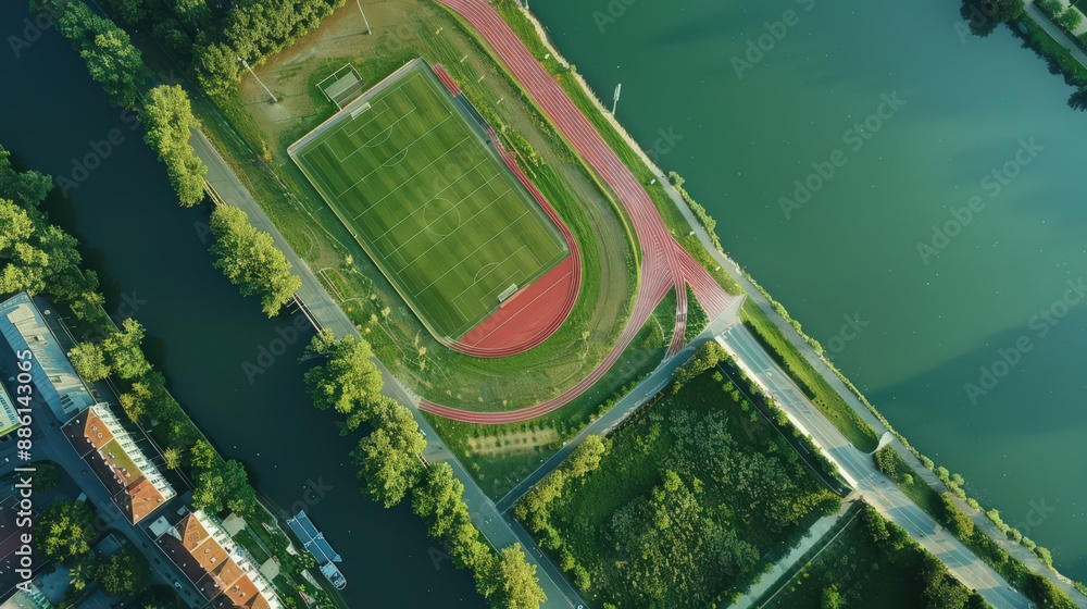 Poster Capture an aerial view of a stadium with a river running nearby, adding a natural element to the scene.