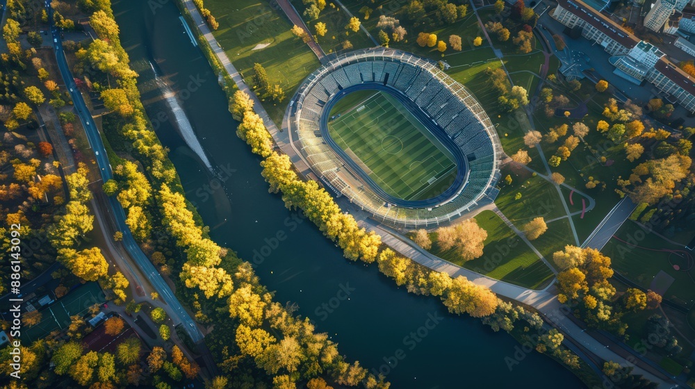 Poster capture an aerial view of a stadium with a river running nearby, adding a natural element to the sce
