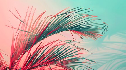 Ultra HD image of palm tree leaves with a retro style on a coral pink and cerulean blue background, minimalistic and colorful