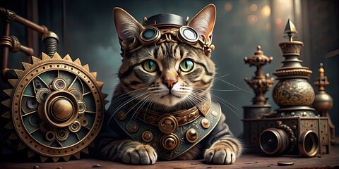 Fototapeta premium Steampunk-style cat with mechanical gears and vintage accessories, steampunk, cat, feline, animal, mechanical, gears, clockwork