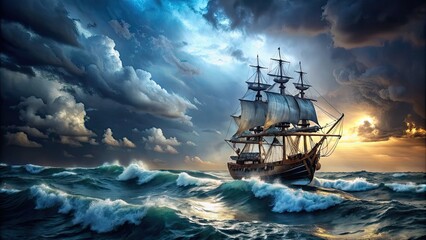 Fototapeta premium Pirate ship sailing in stormy seas, ship, ocean, adventure, pirate, sea, waves, nautical, vessel, Jolly Roger, treasure