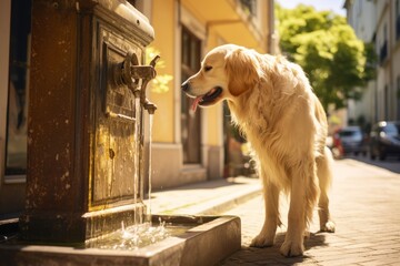 Fluffy Golden Retriever drinking water from a fountain on the street on a bright sunny day, trying to cool off in the abnormal heat