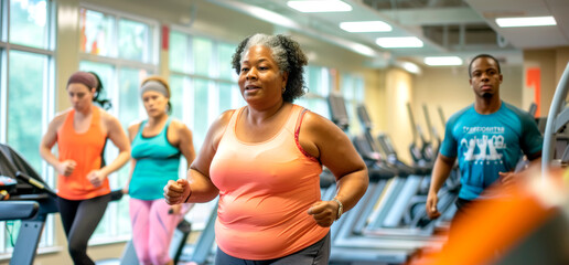 Diverse Group Exercising on Treadmills Focused on Weight Loss Goals