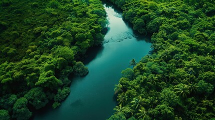 Capture an aerial view of a winding river through a dense forest, with the water reflecting the lush greenery