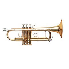 Obraz premium Golden trumpet isolated on white background. Brass musical instrument with intricate valve mechanism.