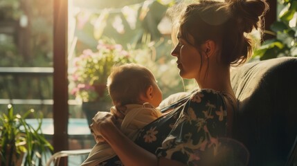 Fototapeta premium A serene moment captured as a mother holds her baby in the warm embrace of sunlight, showcasing love and tenderness in a cozy home setting.