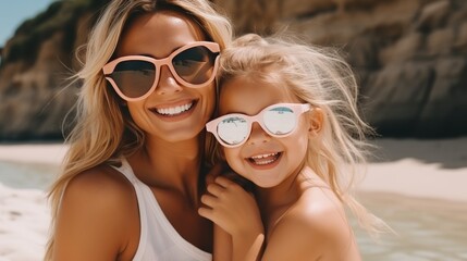 Mother and daughter enjoying summer vacation at beach with inflatable ring, wearing sunglasses