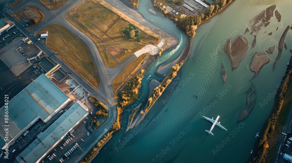 Poster capture an aerial view of an airport with a river running nearby, adding a natural element to the sc