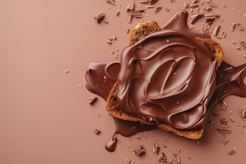 Chocolate hazelnut spread flowing on toasted bread with chocolate sprinkles on brown background