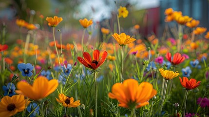 Fototapeta premium An urban green space brimming with vibrant wildflowers, highlighting the importance of biodiversity in the city center
