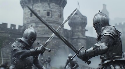 Two knights in full armor clash swords in front of a medieval castle.