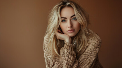 Beautiful blonde woman in a knitted sweater over brown background.