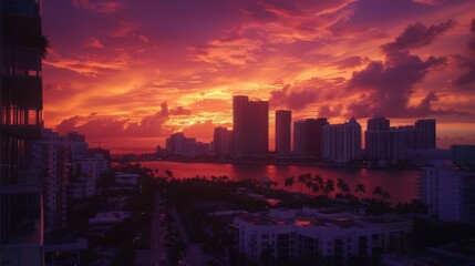 Fototapeta premium Capture the Miami skyline during a vibrant sunset, with the sky filled with hues of orange and pink