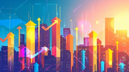 A colorful vector illustration of a business graph with arrows rising above a cityscape skyline