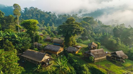 Aerial view of a remote village surrounded by lush green rainforest, with misty clouds above. A serene and peaceful natural landscape.