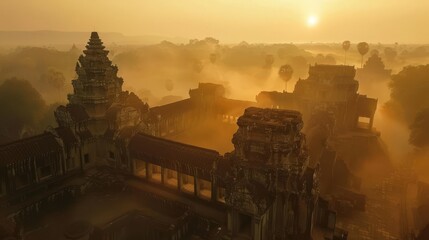 Aerial view of Angkor Wat at sunrise, surrounded by mist, showcasing the ancient architecture and natural beauty of the historical site.