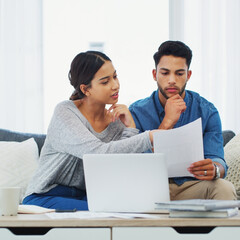 Documents, laptop and planning with couple on sofa in living room of home for bank payment....