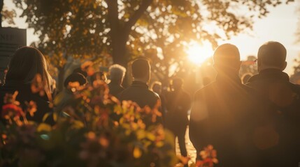 Crowd of people enjoying a beautiful sunset in a park, surrounded by autumn foliage and warm light.