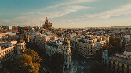 Capture the sprawling beauty of Madrid from above, showcasing its blend of historic architecture and modern skyscrapers.